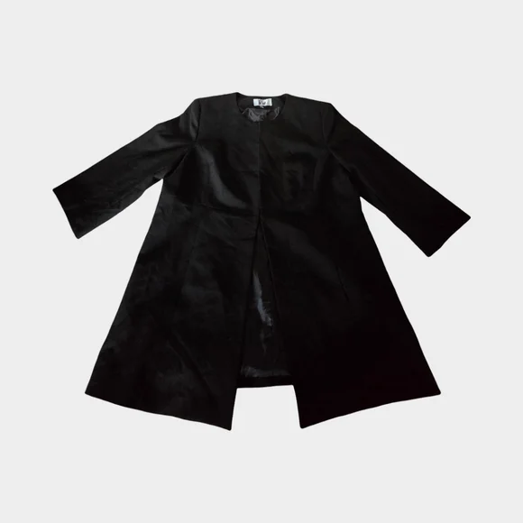 Le Suit Black Long Blazer Collarless Jacket Structured Career Minimalist Open 18 - Picture 2 of 16